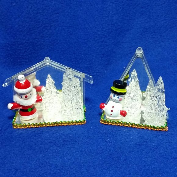 Wooden Santa and Snowman With Spun Glass Christmas Trees on Mirrors Ornaments - Picture 1 of 10